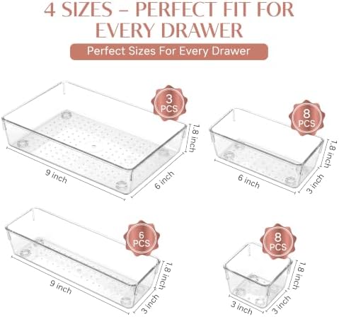 ZANORA 25 PCS Clear Plastic Drawer Organizer Set, Drawer Dividers Organizers with 4 Sizes Storage Trays, Bathroom Drawer Organizers Makeup, Vanity Drawer Organizer, Desk & Kitchen Storage Bins - Image 2