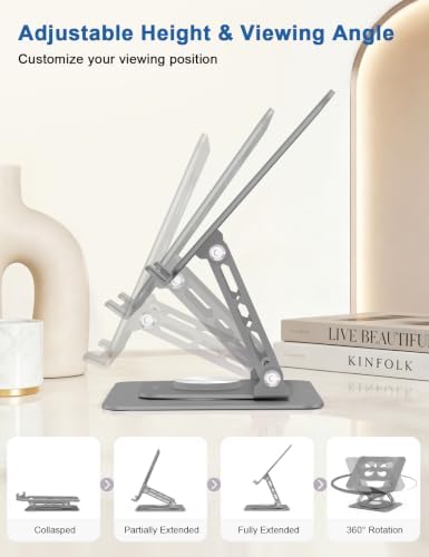 Aoviho Adjustable Laptop Stand for Desk - 360° Rotating Laptop Riser, Ergonomic Computer Stand Foldable Holder Compatible with MacBook Pro/Air, HP, Dell, Lenovo and Tablets Up to 16", Gray - Image 2