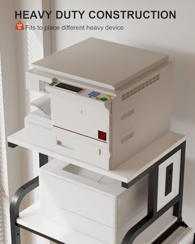 Tall Printer Stand with Charging Station, 4-Tier Mobile Cart, White - Image 3