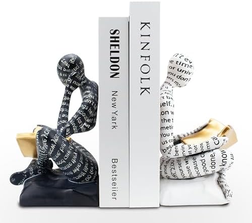 BANOMII Heavy Duty Book Ends for Shelves, Thinker Decorative Bookends for Heavy Books, Unique Book Stoppers to Hold Book, Bookshelf Accessories, Modern Home Office Decor Aesthetic Black & White by BanomiiHome