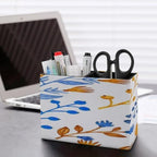 PU Leather Multi-Compartment Pen Holder Desktop Organizer Pencil Cup Storage Caddy for Office Home Supplies Hand Painted Markers Bright Herbal Yellow And Blue Seamless Pattern - Image 5