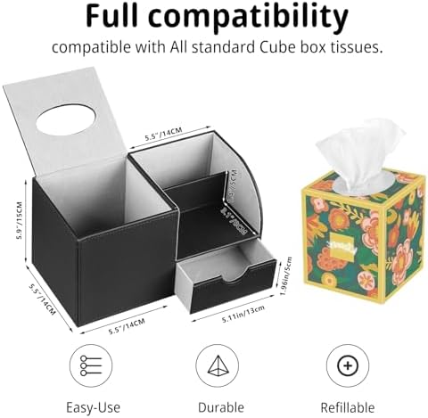 Nightstand Organizer with Tissue Holder,PU Leather Square Tissue Box Cover - Image 2