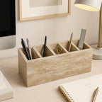 Travertine Desk Organizer, 5-Compartment Pen & Brush Holder - Image 5