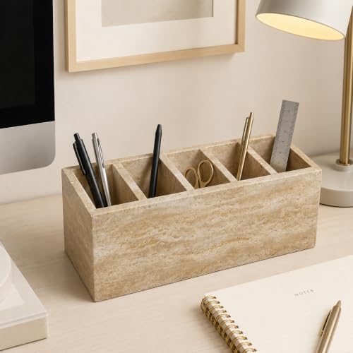 Travertine Desk Organizer, 5-Compartment Pen & Brush Holder - Image 5