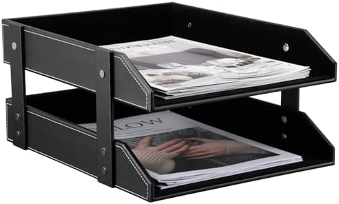 KINGFOM Letter Tray, Leather Paper Organizer Tray, Wooden Desk File Holder, Desktop File, Stackable Magazine Holder, Mail Sorter, Great for Home or Office - 2 Level Black - Image 4