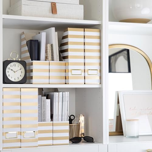 BLU MONACO | Cardboard Magazine File Holder Set of 4 Gold White Stripes | Vertical Magazine File Holder with Label Slots | Standing File Holder and Cardboard Bins for Shelves Desk Classroom - Image 2