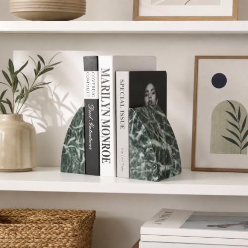 Koville Marble Bookends for Shelves, 8Lbs Large Stone Bookends for Heavy Books, Non-Slip Heavy Duty Book Stopper, Modern Decorative Book Ends for Bookshelf Table Home Decor(Verde Alpi) - Image 5