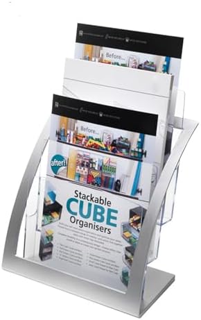 Acrylic Brochure Holder 3 Tier Countertop Display – Clear Literature Rack for A4 & Letter Size Flyers, Pamphlets, Magazines, Menus – Desktop Brochure Organizer for Office Retail Trade Show (Silver) - Image 5