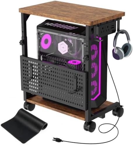 Adjustable Computer Tower Stand with Charging Station & Pegboard,Brown by madeformodernhomes