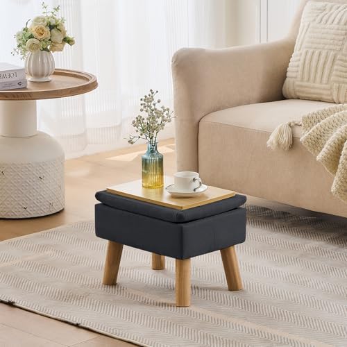 Storage Ottoman, Small Foot Stool Ottoman with Storage, Linen Foot Rest with Wood Legs, Footstool for Living Room, Bedroom, Entryway, Black - Image 6