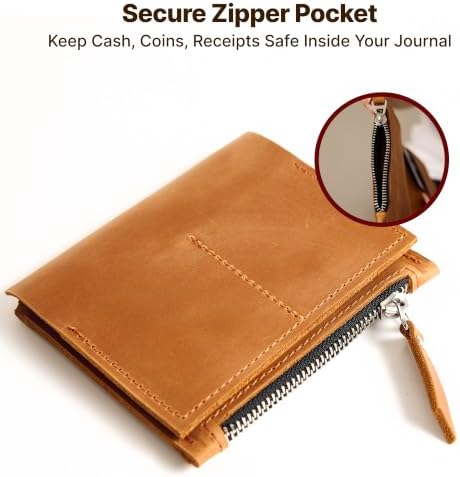 Leather Journal Pocket Insert A6 – Genuine Leather Notebook Organizer with Card Pockets & Large Zipper Pocket, Refillable Travel Insert for Planner 4.1"x5.8", Warm Brown - Image 4