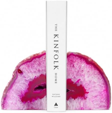 Natural Pink Dyed Agate Geode Bookends - 3 to 4 lb Heavy Duty Rock Crystal Stone Book Ends for Shelves, with Rubber Bumpers, Decorative Book Holders for Home Office by Sisamn