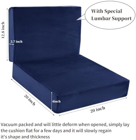 HOMBYS Foam Recliner Chair Cushions for Elderly, 4" Thick Chair Pads with Back Support for Office, Non-Slip Medium Firm Seat Cushion with Lumbar Pillow (Sapphire Blue, 13" Backrest) - Image 2