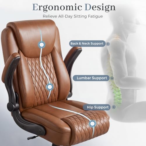 GTPOFFICE Executive Office Chair with Comfortable Lumbar Support, Ergonomic Gaming Chair with Flip-up Armrests & Zoned Pressure-Relief Cushion, Comfy PU Leather Desk Chair, Brown - Image 6