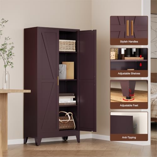 COFaR Metal Pantry Cabinet, Red Kitchen Storage Cabinets with 2 Barn Door - Image 5