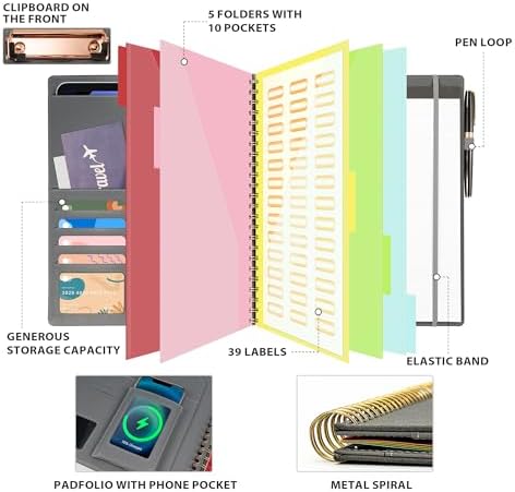 Ospelelf Clipboard with Storage for Men Women, Leather Padfolio Portfolio Organizer 5 Folders with 10 Pockets, Spiral Clipboard Folio with Notepad for Letter Size, Elastic Closure and Pen Loop Grey - Image 3