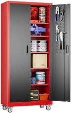 Aobabo Metal Garage Storage Cabinets with Wheels,Steel Cabinets with 5 Adjustable Shelves for Garage Home Office Storage, Red-Black,Assembly Required by Aobabo