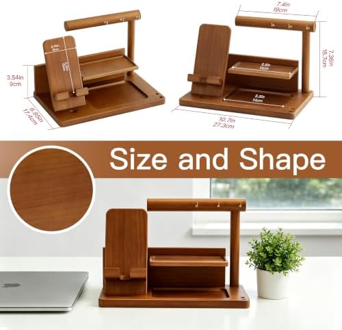 Wood Phone Docking Station for Men – Bedside Desk Nightstand Organizer with Hooks for Keys Bracelets Rings, Birthday Gifts for Husband Dad, Key Holder Wallet Watch Phone Valet Stand for Bedroom Office - Image 3