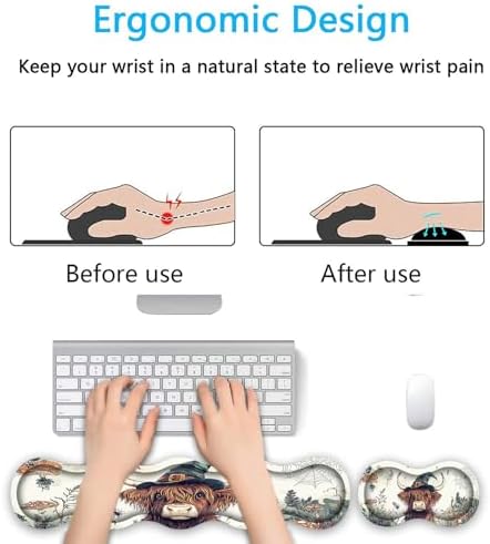 Keyboard Wrist Rest Set,Memory Foam Wrist Support Mouse Pad,31.5"x11.8" Desk Mat for Comfortable Typing & Pain Relief,Non-Slip Base for Office & Home Use - Cute Highland Cow - Image 4