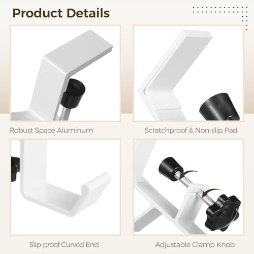 6 Pcs Desk Mount Bag Holders, Clamp On Under Desk Holders, Double Hook Design, Clip On Backpack Headphone Hangers for Tables, Portable Desk Purse Hooks, White for Home Office Use - Image 3