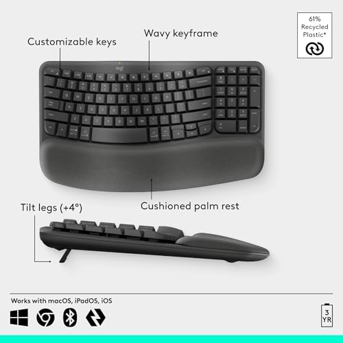 Logitech Wave Keys Ergonomic Wireless Keyboard with Palm Rest - Graphite - Image 6