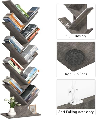 10 Tier Tree Book Shelf, Floor Standing Wood Bookshelf for Narrow Space - Image 6