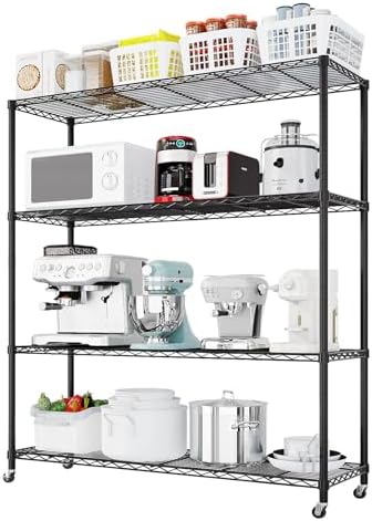 4 Tier Storage Racks Shelving, Heavy Steel Pantry Shelves, Adjustable Wire Shelving Rack with Wheels, Suitable for Garage, Kitchen, Bathroom, Office, 46" W x 18" D x 65" H, Black by Unknown