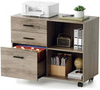 VINGLI 3 Drawer Wood Lateral File Cabinet with Adjustable Shelves & Locking Wheels, Printer Stand with Drawers for Letter Files, Sturdy File Cabinets for Home Office, Study & Business, Rustic Gray by VINGLI