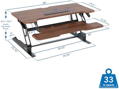 Mount-It! Large 38 Inch Standing Desk Converter, Sit Stand Desk Riser for Dual Monitors with Keyboard Tray, Height Adjustable Desktop Workstation, Easy Lift Gas Spring, Rustic Walnut Brown - Image 6
