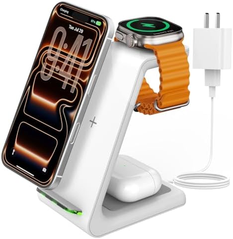 Charging Station for iPhone and Apple Watch: 3 in 1 Wireless Phone Charger Stand for iPhone 17 16 15 14 13 12 11 Pro Max & AirPods, Bedside Nightstand Docking by JoyGeek