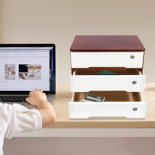 Wood Desk Organizer with 3 Drawers, Lockable Desktop Countertop Storage Cabinet for Home Office Supplies File Tabletop Organizing Unit, 15.75" x 11.02" x 12.2" (Dark Brown + White) - Image 2