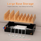 Bamboo Charging Station with 5 Port Charger HUB & 5 Cables- Natural + Black - Image 3