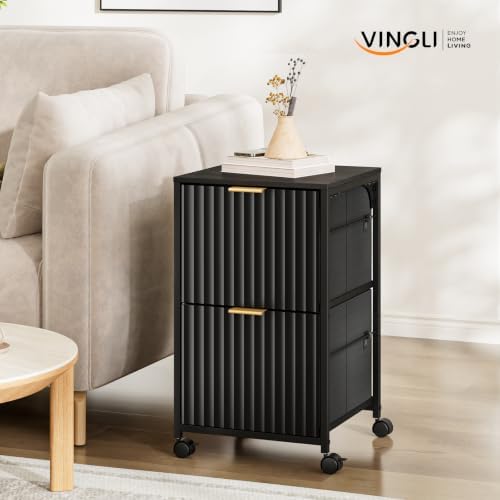 VINGLI 2 Drawer Mobile File Cabinet, Rolling Fluted Filing Cabinet Under Desk File Cabinet with Wheels, Fabric Drawers Printer Stand for Home Office, Fits Letter Size, Black - Image 7