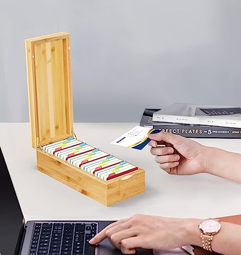 Neando Bamboo Business Card Organizer for 2x3.5 Cards – 600-Card Capacity Wooden Holder with Lid, 4 Compartments, Includes 20 Thick Index Cards – Natural Mini Card Filing Box - Image 6