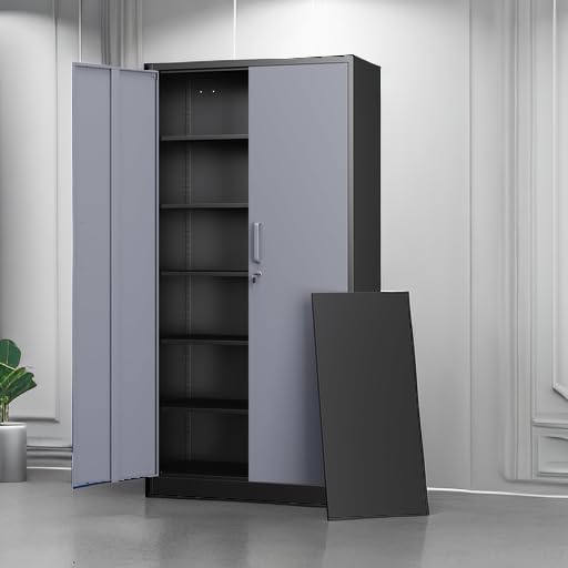 Letaya Metal Storage Cabinets with Lock Door and 5 Adjustable Shelves, Steel Garage Tool Organization Cabinets for Home,Utility Room, Warehouse,Lockers(71"-Black Gray) - Image 5