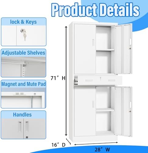 BESFUR Metal Storage Cabinet with 1 Drawer and Adjustable Shelves, 71" H Reinforced Heavy Duty Locking Storage Cabinet for Office, Garage, Home, School, Utility(White) - Image 3