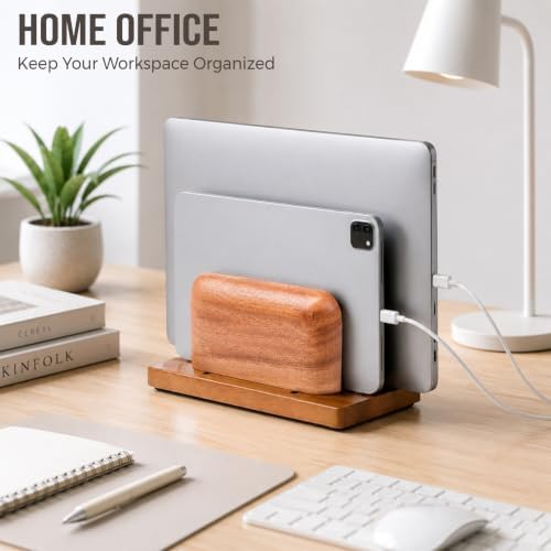 SIEUSALEVN Vertical Laptop Stand, Dual Slot Wooden Laptop Holder for Desk, Width Adjustable Dock for MacBook Pro, Laptops & Tablets, 100% Natural Wood Desktop Organizer. - Image 2