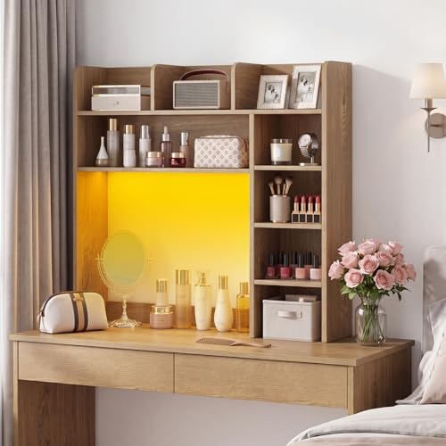 Tangkula Desktop Bookshelf with LED Lights, Desk Hutch with 8 Shelves for Max 25" Monitor, Desktop 5-Tier Display Rack, Multipurpose Wood Desktop Storage Hutch Organizer for Dorm Office Home (Natural) - Image 4