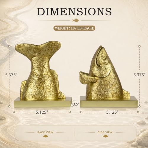 Fish Bookends for Shelves, Decorative Resin Fish Book Ends with Hand-Painted Finish, Heavy Duty Non-Slip Bookends for Bookshelves, Desk Decor for Home Office (Gold) - Image 4