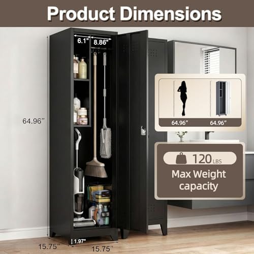 Slim Broom Closet Storage Cabinet, Black Metal Cabinets with Lock and & S-Hooks, Cleaning Supply Cabinet, 65x15.8x15.8 Utility Storage Cabinet for Garage, Office, Laundry Room - Image 3