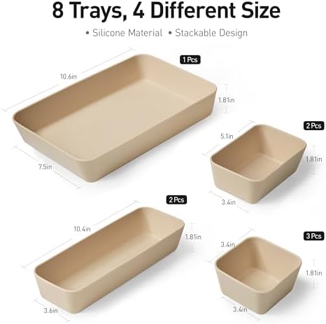 ISSEVE 8Pcs Silicone Bathroom Drawer Organizer Trays Set, 4 Sizes, Beige - Image 2