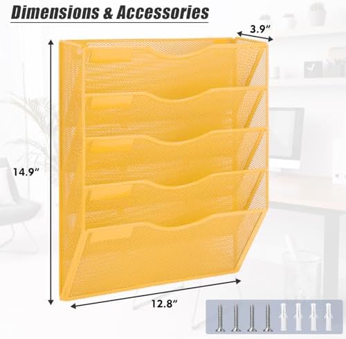 EASEPRES 5 Pocket Mesh Hanging Wall File Organizer, Wall Mounted Mail Paper Document Folder Holder, Clipboard Storage Organization Magazine Rack with Nametag Label for Office Home School, Yellow - Image 2