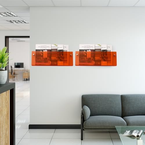 2 Pack Orange Acrylic Magazine Holder, Wall Mount Hanging Bookshelf Literature Storage Rack, Brochure File Display Shelf for Waiting Room, Living Room, Office, Home - Image 5