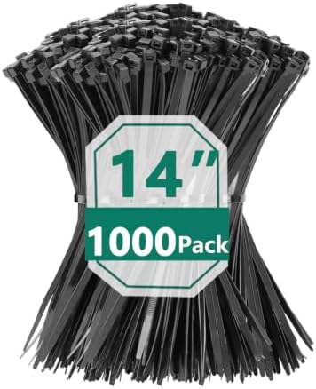 1000PCS 14 inch Black Zip Ties 75LBS Tensile Strength Self-Locking heavy duty UV Resistant Cable Tie Wraps for indoor and outdoor use(Black) by MasiStranth