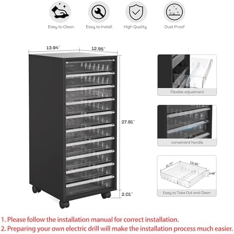 WOPITUES Storage Drawer Cart, Mobile Storage Cabinet, Makeup Storage with 10 Large Clear Drawers, Utility Wooden Rolling Cart on Wheels, for Cosmetic, Art Craft, Office Supplies, Toy, Black - Image 3