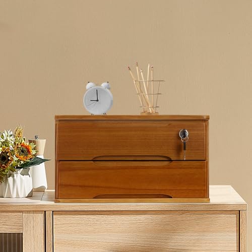 Wood Desk Organizer with 2 Drawers, Lockable Desktop Countertop Storage Cabinet for Home Office Supplies File Tabletop Organizing Unit (Brown) - Image 2