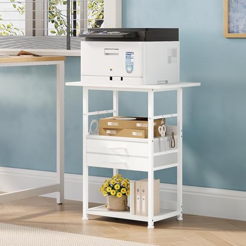 VENNQD Large Printer Stand with Storage Fabric Drawer Under Desk Printer Table with Wheels for Home Office, Printer Cart fit Fax Machine Scanner (White, 3 Tiers) - Image 2