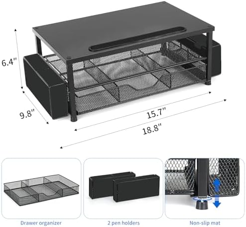 AUPSEN Wood Computer Monitor Stand Riser, 2-Tier Black Desk Organizer with Drawer, Pen Storage & Phone Holder ，Office Desk Accessories Desktop Organizer for Office Supplies (Black) - Image 7