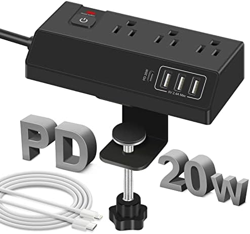3 Outlet Desk Clamp Power Strip with 4 USB Ports - Desktop Edge Mount Surge Protector - Clamp on Power Strip USB C 20W - Desk, Men, Hotel, Home, Office, Gaming, Phone, Computer, Electronic Accessories by HomeElectricalDevices