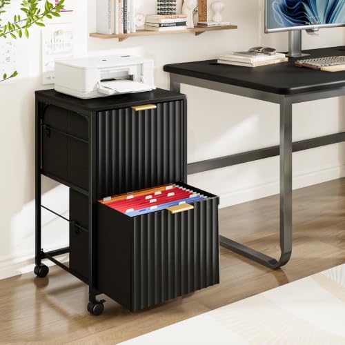 VINGLI 2 Drawer Mobile File Cabinet, Rolling Fluted Filing Cabinet Under Desk File Cabinet with Wheels, Fabric Drawers Printer Stand for Home Office, Fits Letter Size, Black - Image 2